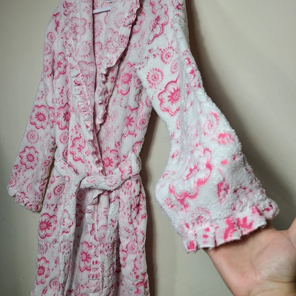 Pink Plush Floral Robe Ruffle‎ Trim L Loungewear Coquette Girly Barbiecore GRWM